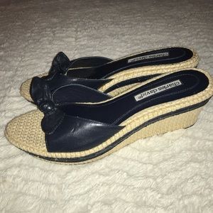 Charles David Leather/Canvas Wedge Sandal Navy 7.5